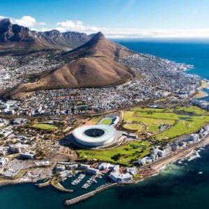 Overall aerial view of Cape Town, South Africa from helicopter wigth a view on Table Mountain and stadium